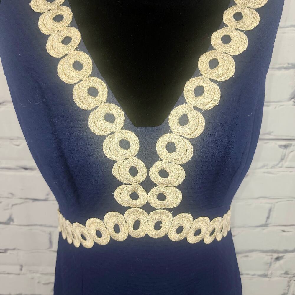 Lily Pulitzer Esme Dress Womens 2 100% Cotton True Navy Fun Flirty Metalic Trim - Picture 4 of 9